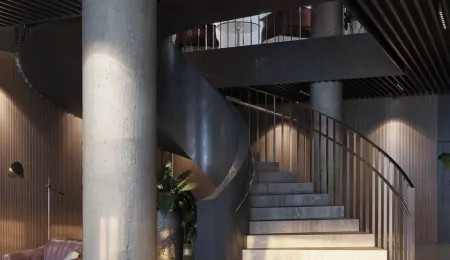 klatka schodowa w damrota garden, Front budynku Damrota Garden w Katowicach na Osiedlu Paderewskiego (Śródmieście Katowic), budynek z drzewami na dachu Katowice, lokale biurowe w Katowicach