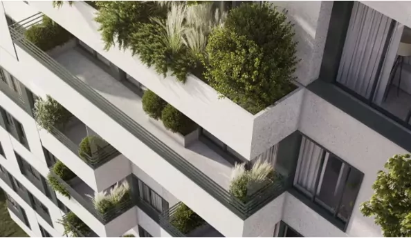 Front budynku Damrota Garden w Katowicach na Osiedlu Paderewskiego (Śródmieście Katowic), budynek z drzewami na dachu Katowice, lokale biurowe w Katowicach, zielony budynek w Katowicach, NOHO, Pierwsza Dzielnica, BELG