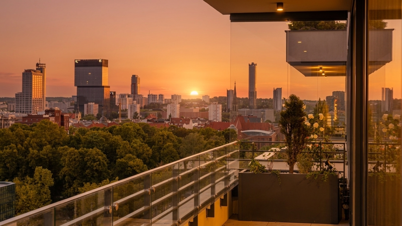 Penthouse w Katowicach o zachodzie słońca, panorama Katowic o zachodzie słońca.
